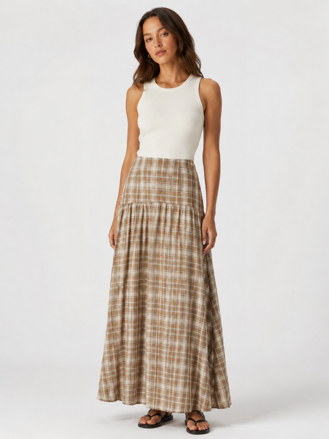 Layered plaid maxi skirt