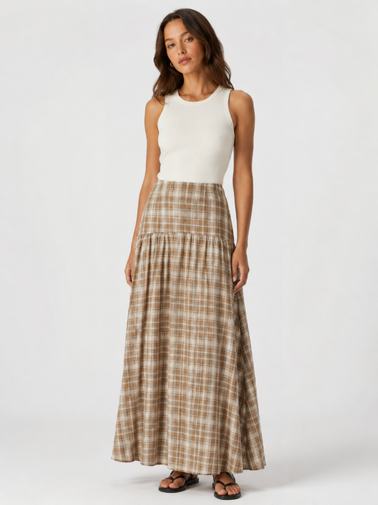 Layered plaid maxi skirt